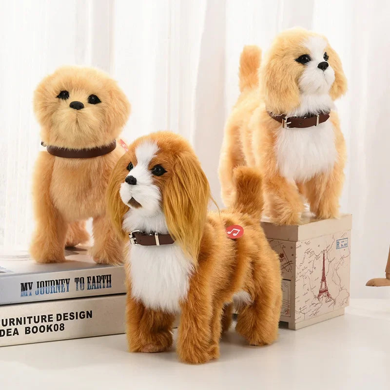 Three plush toy dogs on a white surface with books in the background