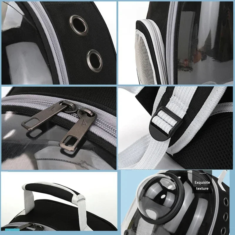 Collage of close-up details of a black and white backpack