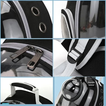 Collage of close-up details of a black and white backpack