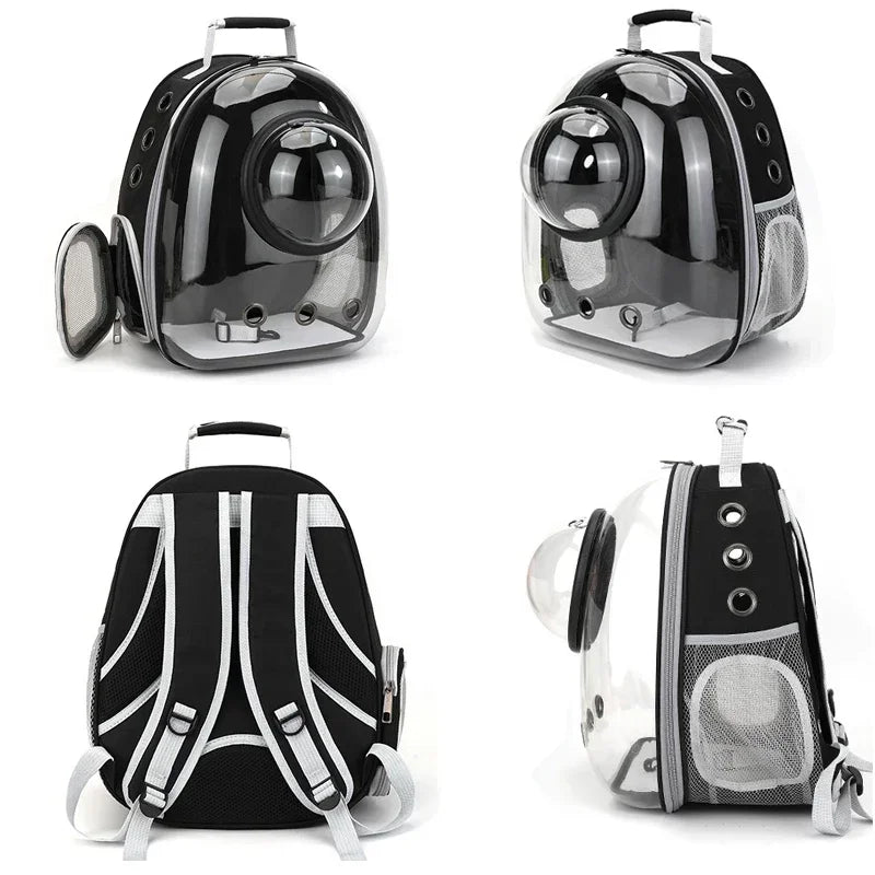 Black and clear pet carrier backpack shown from multiple angles on a white background