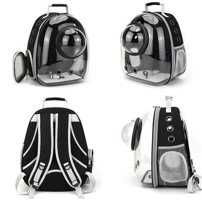 Black and clear pet carrier backpack shown from multiple angles on a white background