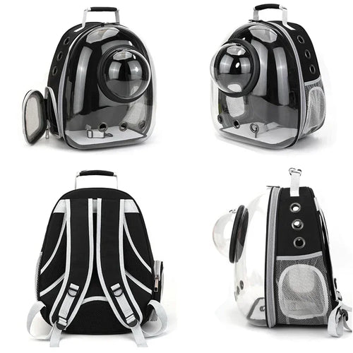 Black and clear pet carrier backpack shown from multiple angles on a white background