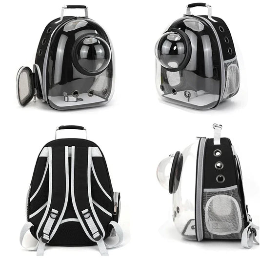 Black and clear pet carrier backpack shown from multiple angles on a white background