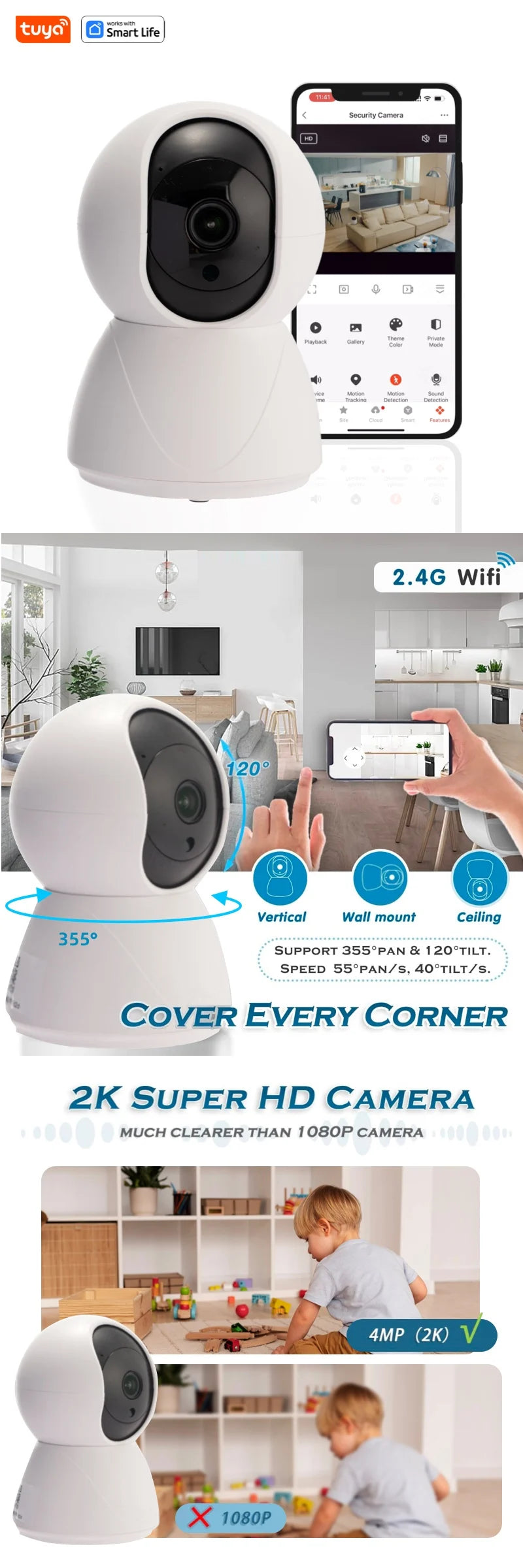 USB 4MP Indoor Camera,2K Security Camera for Baby Monitor,PTZ Wifi Cameras for Home Security,Pet Camera Works with Tuya PetVerse